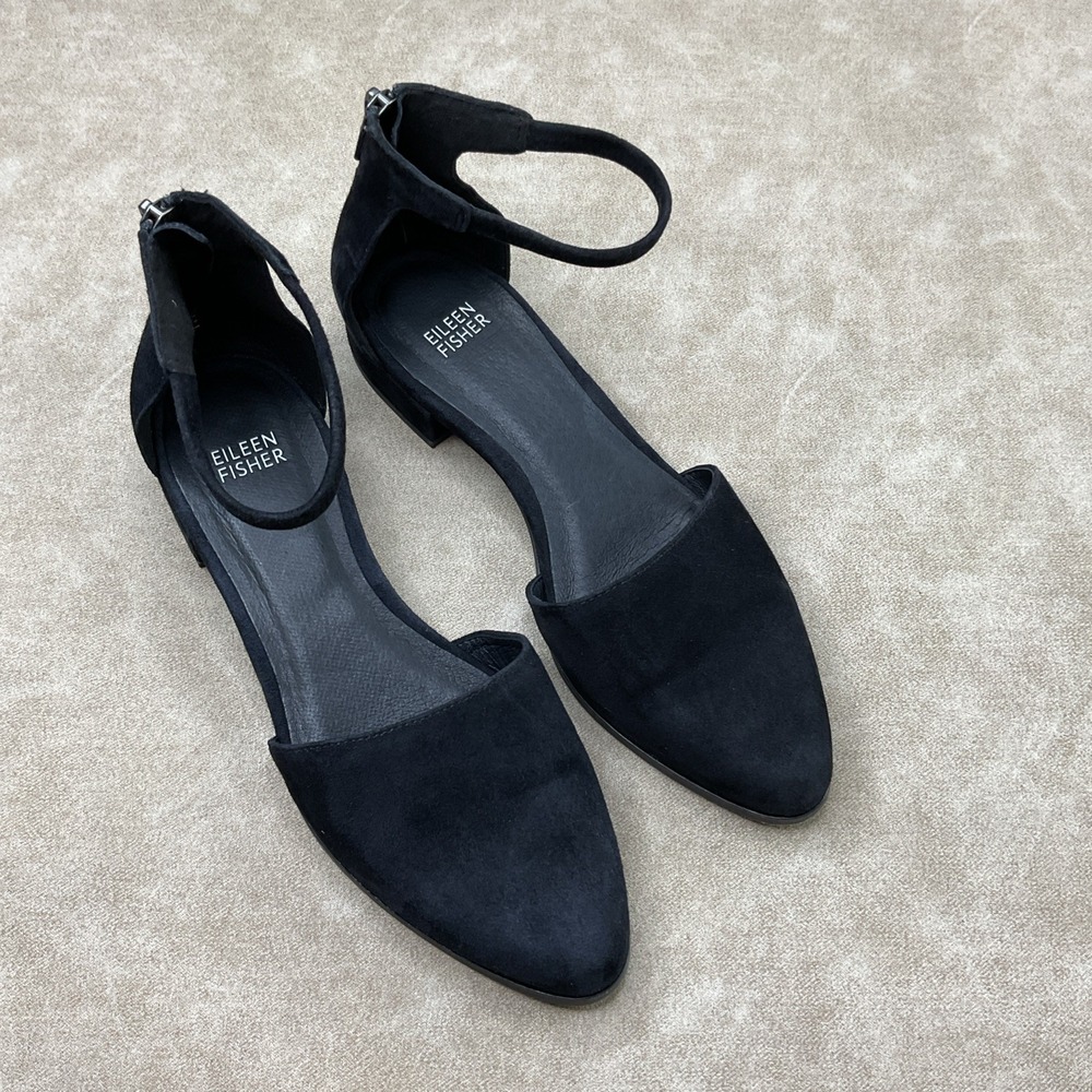 Eileen Fisher Heels 7.5 Sandals Ankle Strap Block Black Suede Vero Cuoio Career - Picture 10 of 13